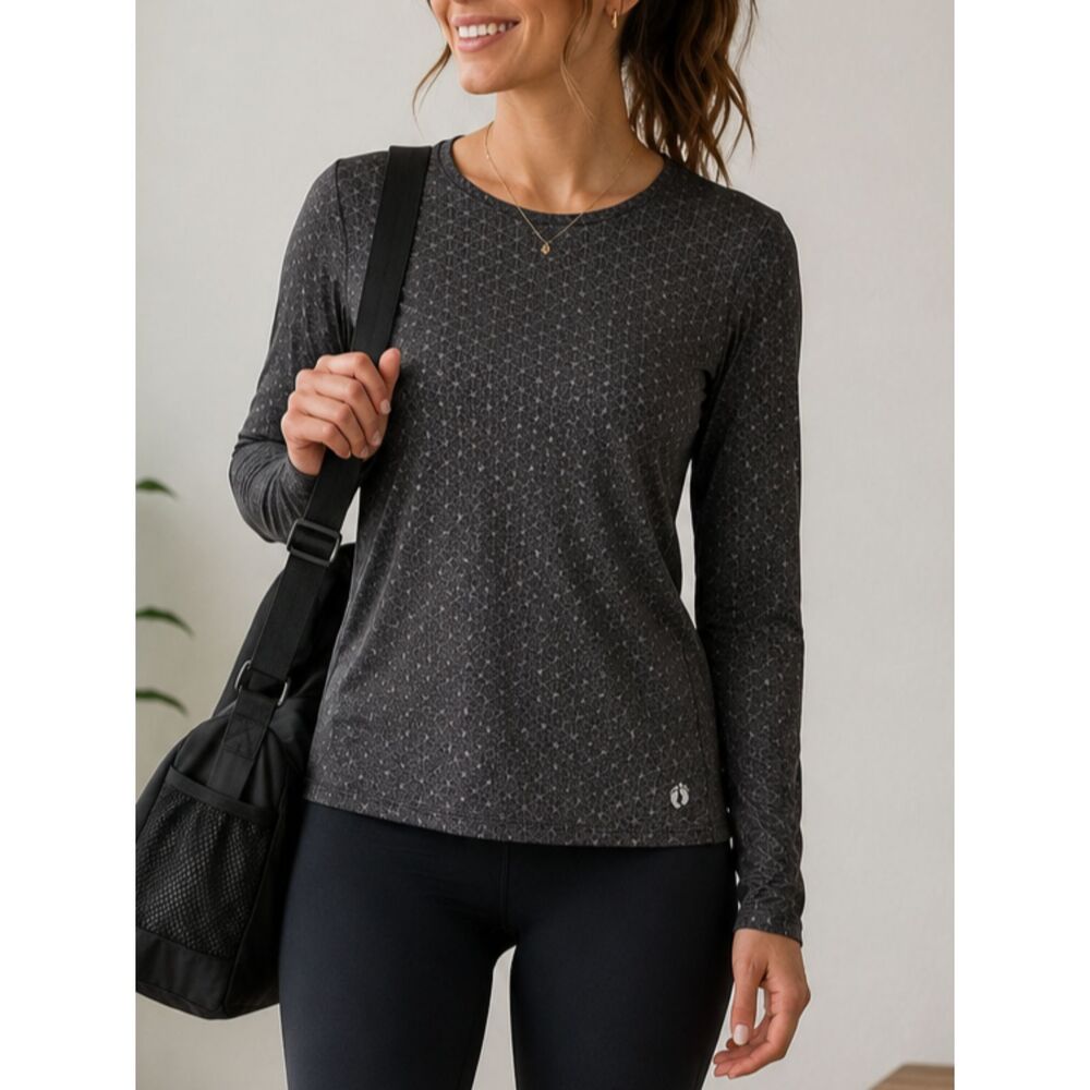 Hang Ten Long Sleeve Performance Top Gray Geometric Stretch Activewear Medium